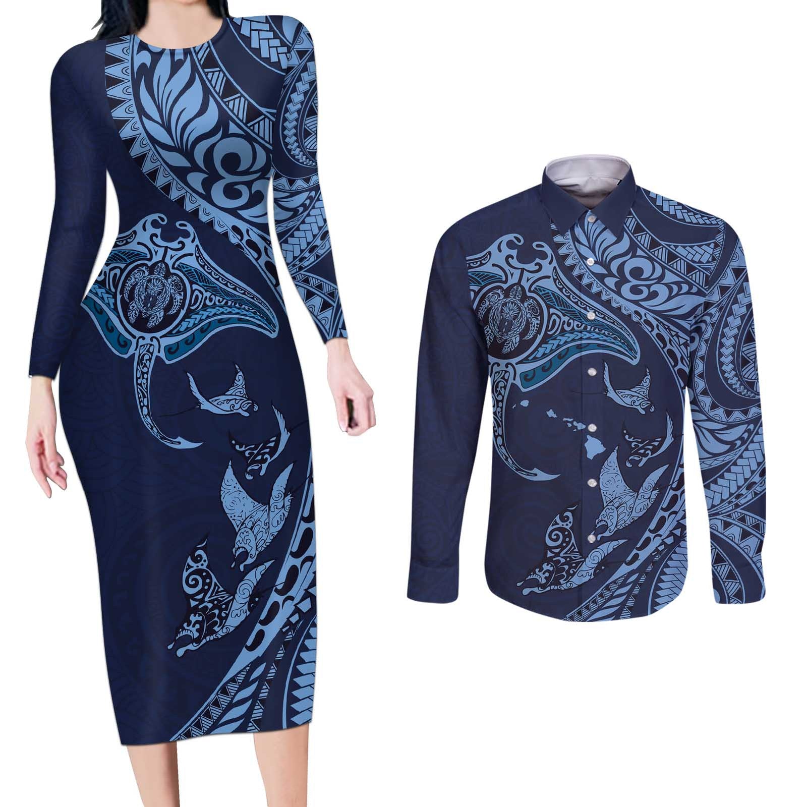 Hawaiian Manta Ray and Polynesian Tribal Tattoo Couples Matching Long Sleeve Bodycon Dress and Long Sleeve Button Shirt Dark Navy Color LT03