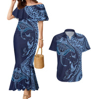 Hawaiian Manta Ray and Polynesian Tribal Tattoo Couples Matching Mermaid Dress and Hawaiian Shirt Dark Navy Color LT03 Dark Navy - Polynesian Pride