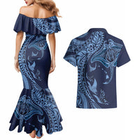 Hawaiian Manta Ray and Polynesian Tribal Tattoo Couples Matching Mermaid Dress and Hawaiian Shirt Dark Navy Color LT03 - Polynesian Pride