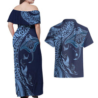 Hawaiian Manta Ray and Polynesian Tribal Tattoo Couples Matching Off Shoulder Maxi Dress and Hawaiian Shirt Dark Navy Color LT03 - Polynesian Pride