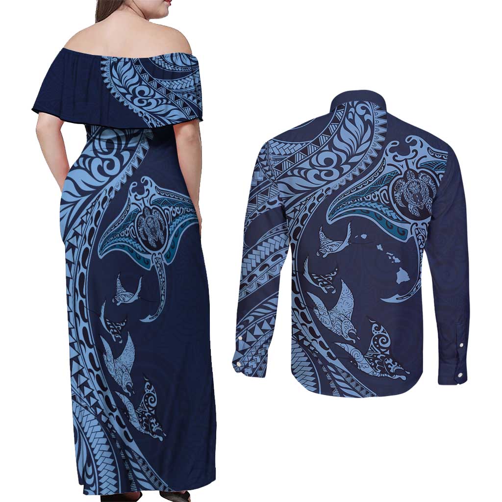 Hawaiian Manta Ray and Polynesian Tribal Tattoo Couples Matching Off Shoulder Maxi Dress and Long Sleeve Button Shirt Dark Navy Color LT03