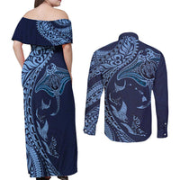 Hawaiian Manta Ray and Polynesian Tribal Tattoo Couples Matching Off Shoulder Maxi Dress and Long Sleeve Button Shirt Dark Navy Color LT03