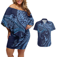Hawaiian Manta Ray and Polynesian Tribal Tattoo Couples Matching Off Shoulder Short Dress and Hawaiian Shirt Dark Navy Color LT03