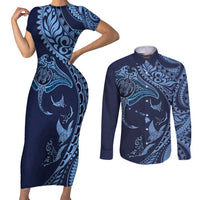 Hawaiian Manta Ray and Polynesian Tribal Tattoo Couples Matching Short Sleeve Bodycon Dress and Long Sleeve Button Shirt Dark Navy Color LT03
