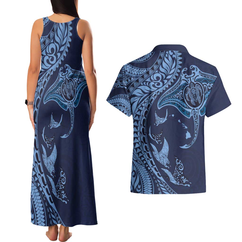 Hawaiian Manta Ray and Polynesian Tribal Tattoo Couples Matching Tank Maxi Dress and Hawaiian Shirt Dark Navy Color LT03