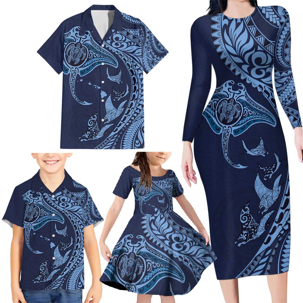 Hawaiian Manta Ray and Polynesian Tribal Tattoo Family Matching Long Sleeve Bodycon Dress and Hawaiian Shirt Dark Navy Color LT03 - Polynesian Pride