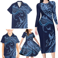 Hawaiian Manta Ray and Polynesian Tribal Tattoo Family Matching Long Sleeve Bodycon Dress and Hawaiian Shirt Dark Navy Color LT03 - Polynesian Pride