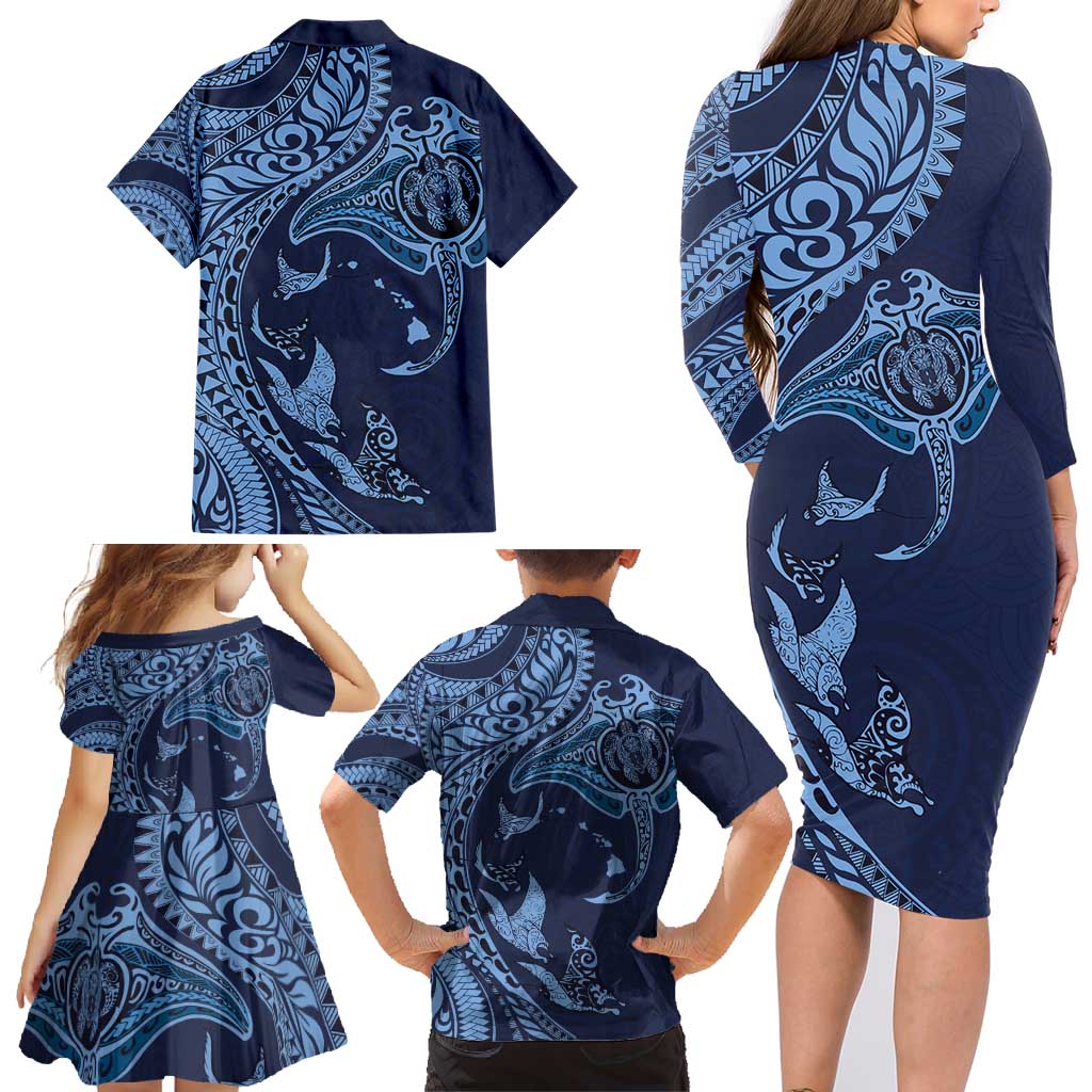 Hawaiian Manta Ray and Polynesian Tribal Tattoo Family Matching Long Sleeve Bodycon Dress and Hawaiian Shirt Dark Navy Color LT03 - Polynesian Pride