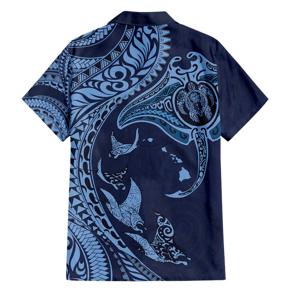 Hawaiian Manta Ray and Polynesian Tribal Tattoo Family Matching Long Sleeve Bodycon Dress and Hawaiian Shirt Dark Navy Color LT03 - Polynesian Pride
