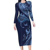 Hawaiian Manta Ray and Polynesian Tribal Tattoo Family Matching Long Sleeve Bodycon Dress and Hawaiian Shirt Dark Navy Color LT03 Mom's Dress Dark Navy - Polynesian Pride