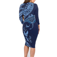 Hawaiian Manta Ray and Polynesian Tribal Tattoo Family Matching Long Sleeve Bodycon Dress and Hawaiian Shirt Dark Navy Color LT03 - Polynesian Pride