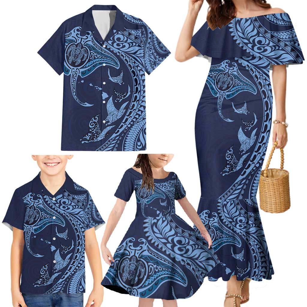 Hawaiian Manta Ray and Polynesian Tribal Tattoo Family Matching Mermaid Dress and Hawaiian Shirt Dark Navy Color LT03 - Polynesian Pride