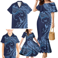 Hawaiian Manta Ray and Polynesian Tribal Tattoo Family Matching Mermaid Dress and Hawaiian Shirt Dark Navy Color LT03 - Polynesian Pride
