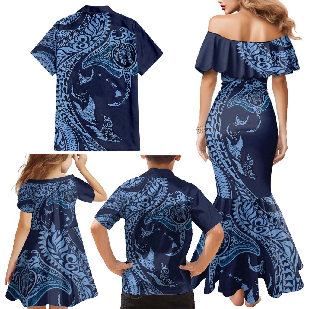 Hawaiian Manta Ray and Polynesian Tribal Tattoo Family Matching Mermaid Dress and Hawaiian Shirt Dark Navy Color LT03 - Polynesian Pride