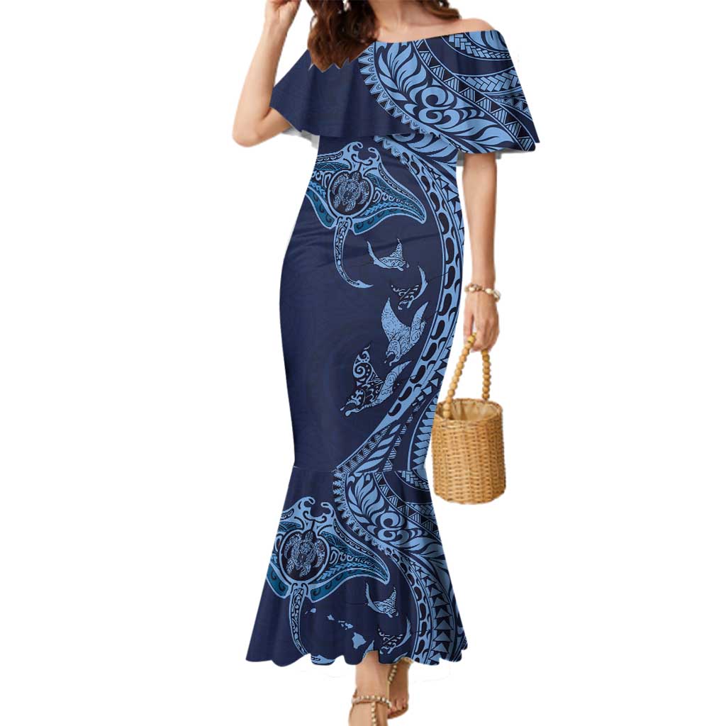 Hawaiian Manta Ray and Polynesian Tribal Tattoo Family Matching Mermaid Dress and Hawaiian Shirt Dark Navy Color LT03 Mom's Dress Dark Navy - Polynesian Pride