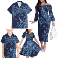 Hawaiian Manta Ray and Polynesian Tribal Tattoo Family Matching Off The Shoulder Long Sleeve Dress and Hawaiian Shirt Dark Navy Color LT03 - Polynesian Pride