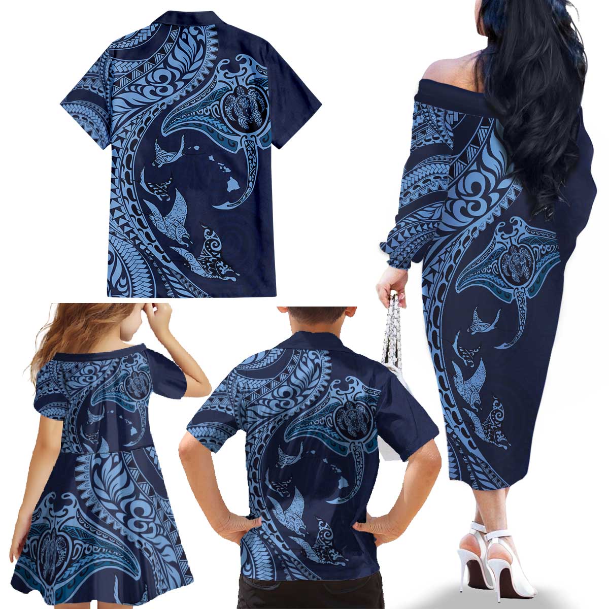 Hawaiian Manta Ray and Polynesian Tribal Tattoo Family Matching Off The Shoulder Long Sleeve Dress and Hawaiian Shirt Dark Navy Color LT03 - Polynesian Pride