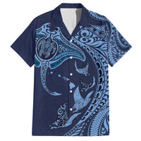 Hawaiian Manta Ray and Polynesian Tribal Tattoo Family Matching Off The Shoulder Long Sleeve Dress and Hawaiian Shirt Dark Navy Color LT03 Dad's Shirt - Short Sleeve Dark Navy - Polynesian Pride