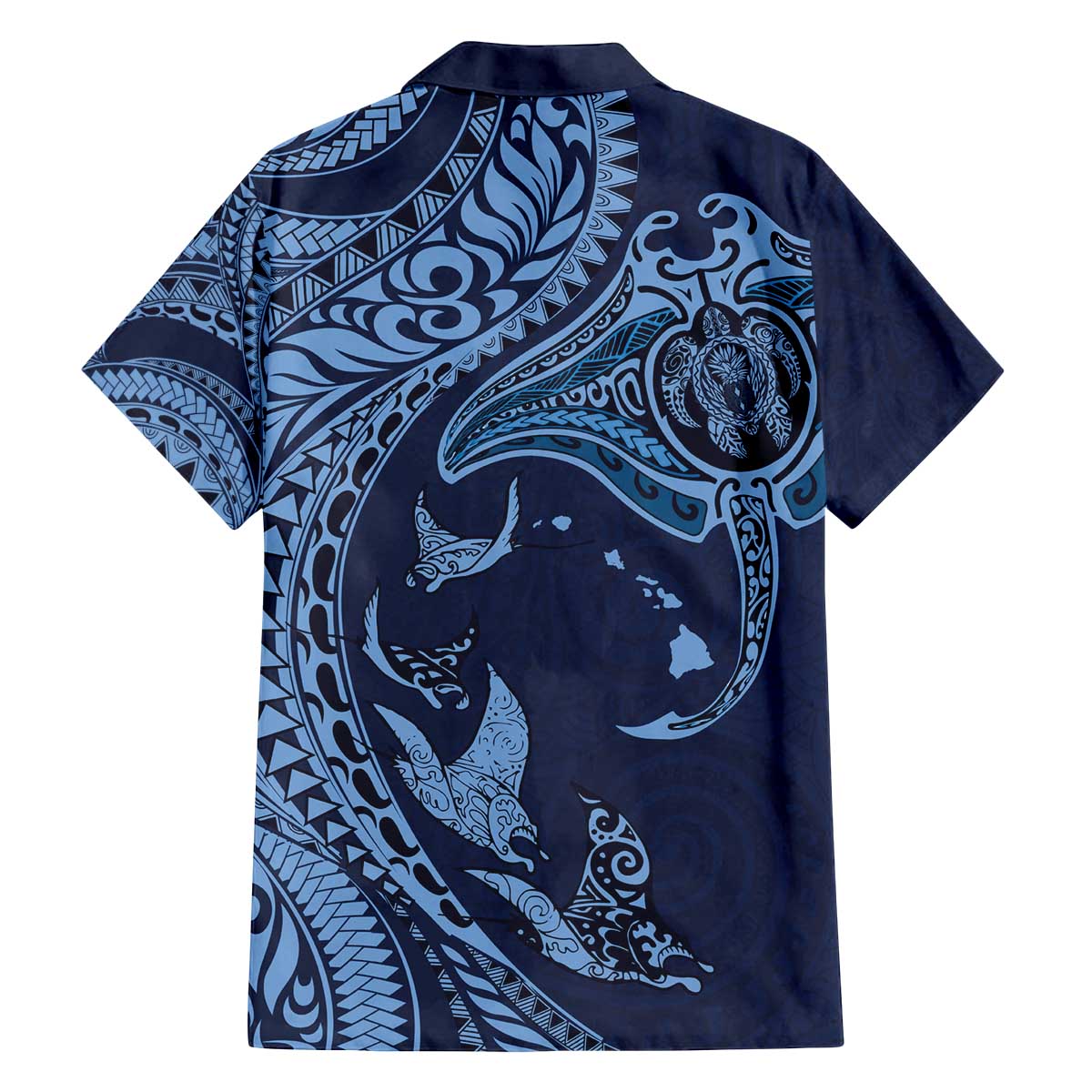 Hawaiian Manta Ray and Polynesian Tribal Tattoo Family Matching Off The Shoulder Long Sleeve Dress and Hawaiian Shirt Dark Navy Color LT03 - Polynesian Pride