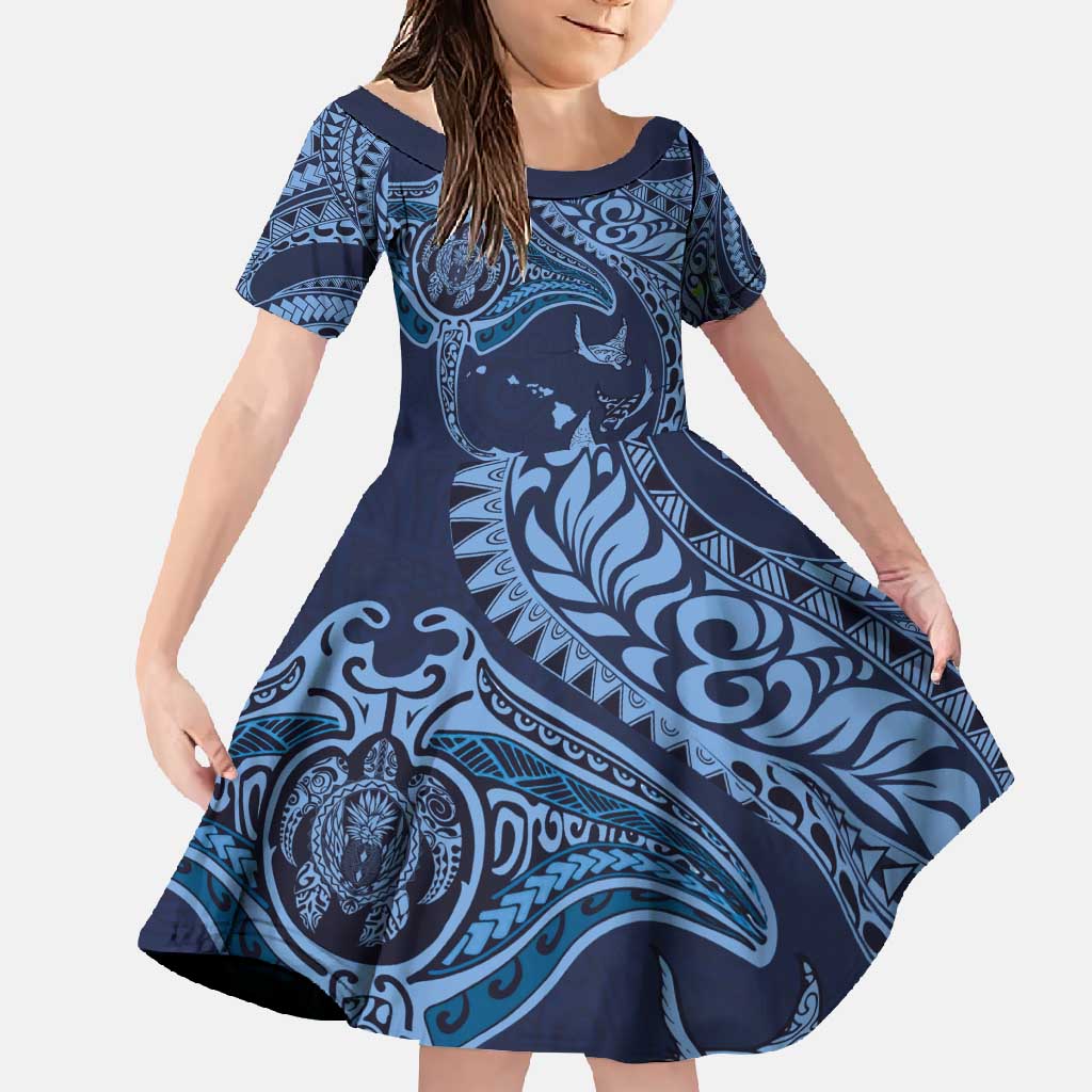 Hawaiian Manta Ray and Polynesian Tribal Tattoo Family Matching Off Shoulder Maxi Dress and Hawaiian Shirt Dark Navy Color LT03 Daughter's Dress Dark Navy - Polynesian Pride