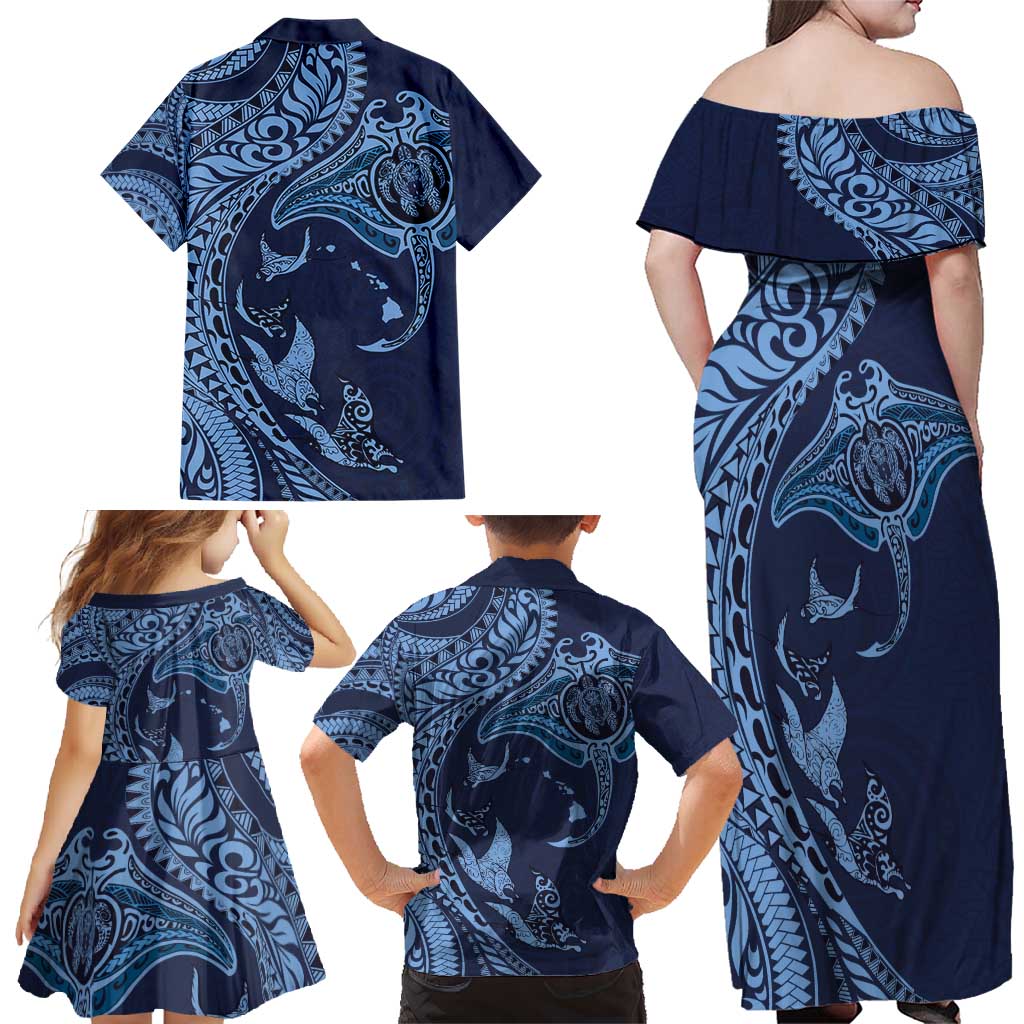 Hawaiian Manta Ray and Polynesian Tribal Tattoo Family Matching Off Shoulder Maxi Dress and Hawaiian Shirt Dark Navy Color LT03 - Polynesian Pride