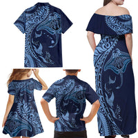 Hawaiian Manta Ray and Polynesian Tribal Tattoo Family Matching Off Shoulder Maxi Dress and Hawaiian Shirt Dark Navy Color LT03 - Polynesian Pride