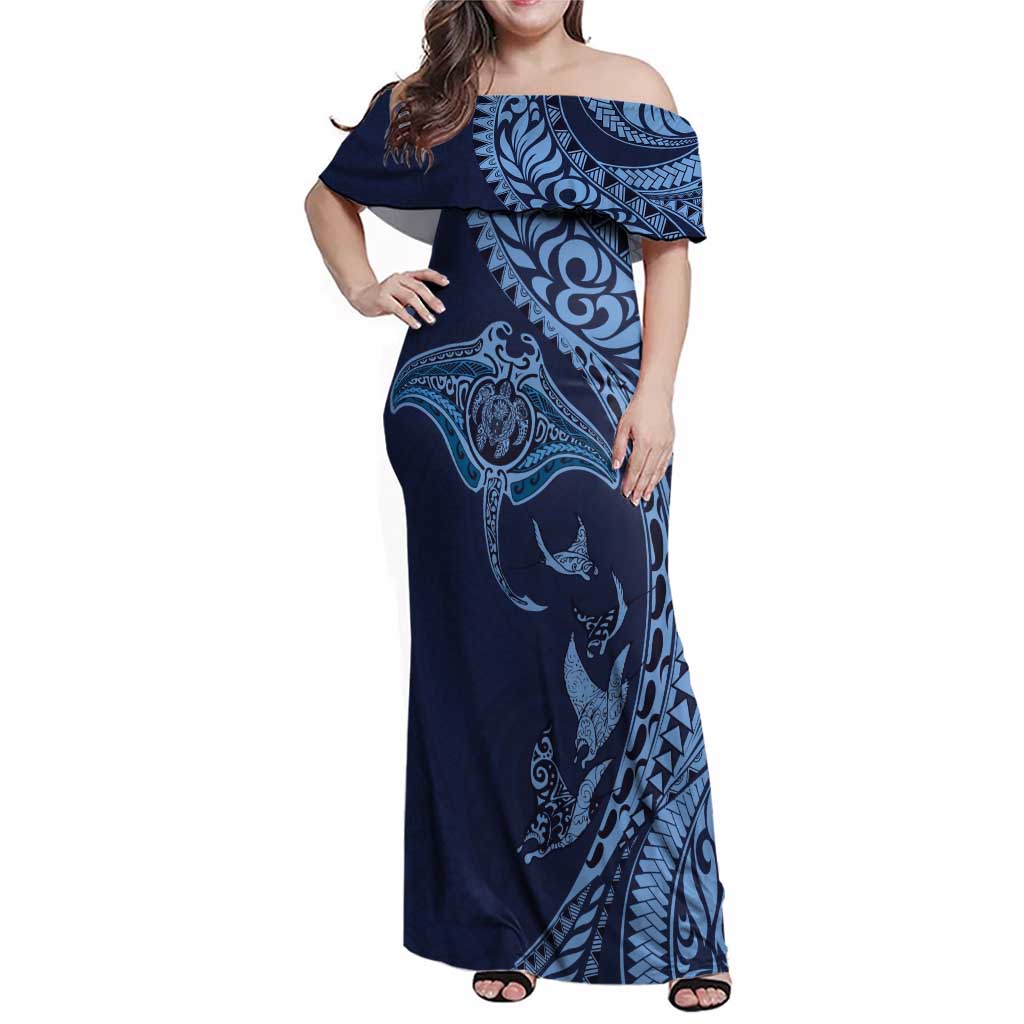 Hawaiian Manta Ray and Polynesian Tribal Tattoo Family Matching Off Shoulder Maxi Dress and Hawaiian Shirt Dark Navy Color LT03 Mom's Dress Dark Navy - Polynesian Pride