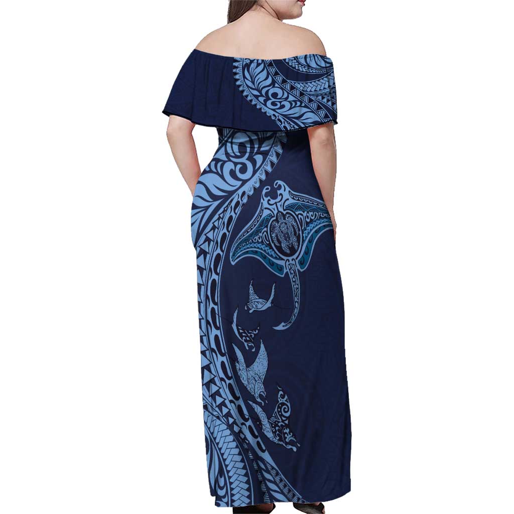 Hawaiian Manta Ray and Polynesian Tribal Tattoo Family Matching Off Shoulder Maxi Dress and Hawaiian Shirt Dark Navy Color LT03 - Polynesian Pride