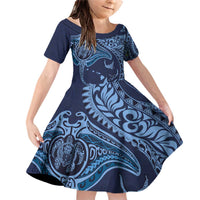 Hawaiian Manta Ray and Polynesian Tribal Tattoo Family Matching Off Shoulder Short Dress and Hawaiian Shirt Dark Navy Color LT03 Daughter's Dress Dark Navy - Polynesian Pride