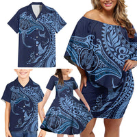 Hawaiian Manta Ray and Polynesian Tribal Tattoo Family Matching Off Shoulder Short Dress and Hawaiian Shirt Dark Navy Color LT03 - Polynesian Pride