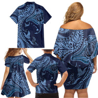 Hawaiian Manta Ray and Polynesian Tribal Tattoo Family Matching Off Shoulder Short Dress and Hawaiian Shirt Dark Navy Color LT03 - Polynesian Pride