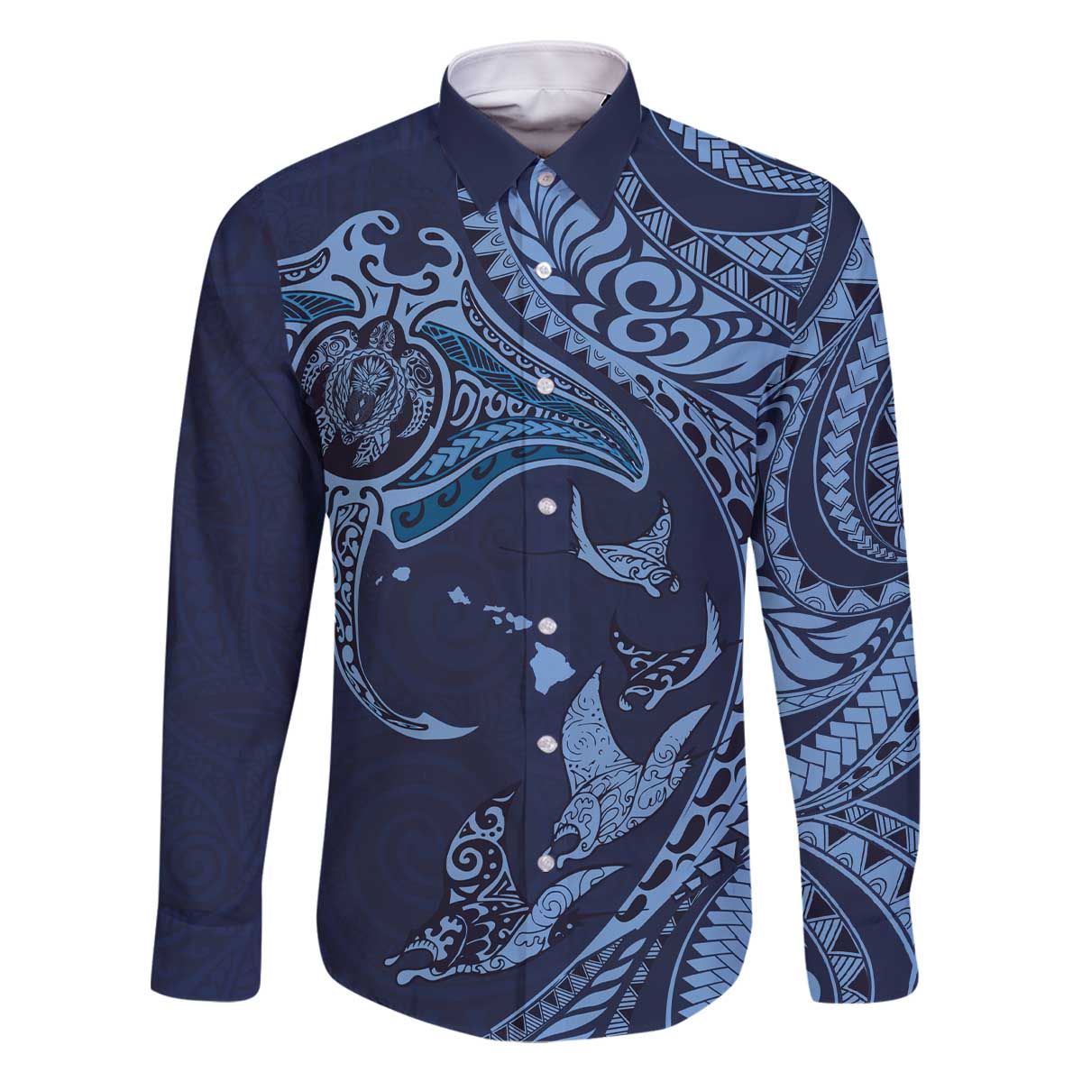 Hawaiian Manta Ray and Polynesian Tribal Tattoo Family Matching Off Shoulder Short Dress and Hawaiian Shirt Dark Navy Color LT03 Dad's Shirt - Long Sleeve Dark Navy - Polynesian Pride