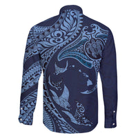 Hawaiian Manta Ray and Polynesian Tribal Tattoo Family Matching Off Shoulder Short Dress and Hawaiian Shirt Dark Navy Color LT03 - Polynesian Pride