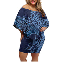 Hawaiian Manta Ray and Polynesian Tribal Tattoo Family Matching Off Shoulder Short Dress and Hawaiian Shirt Dark Navy Color LT03 Mom's Dress Dark Navy - Polynesian Pride