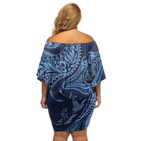 Hawaiian Manta Ray and Polynesian Tribal Tattoo Family Matching Off Shoulder Short Dress and Hawaiian Shirt Dark Navy Color LT03 - Polynesian Pride