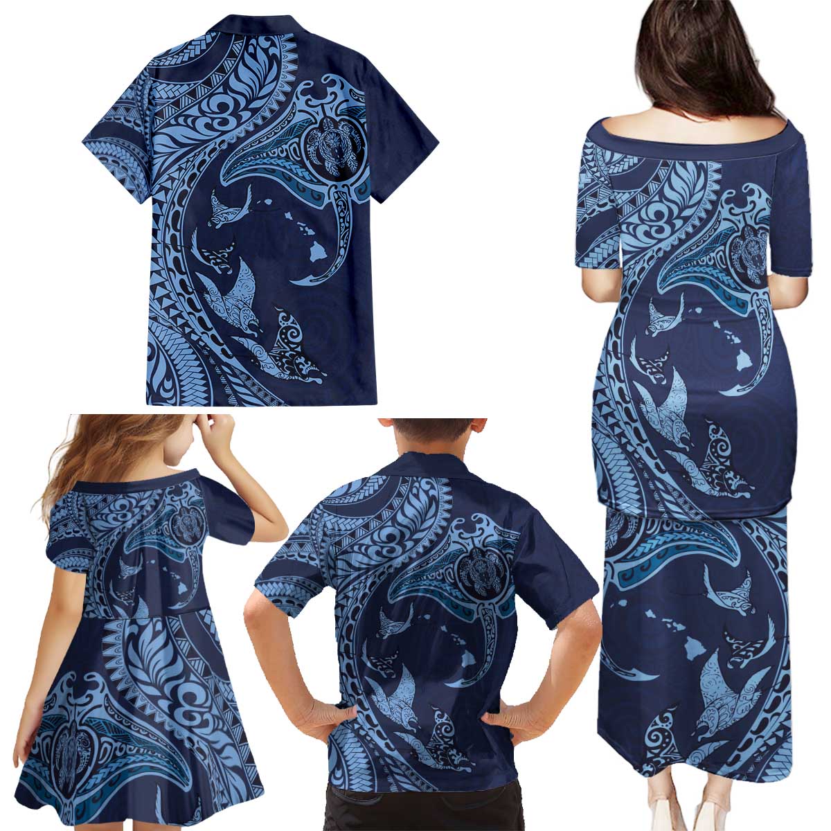 Hawaiian Manta Ray and Polynesian Tribal Tattoo Family Matching Puletasi and Hawaiian Shirt Dark Navy Color LT03 - Polynesian Pride