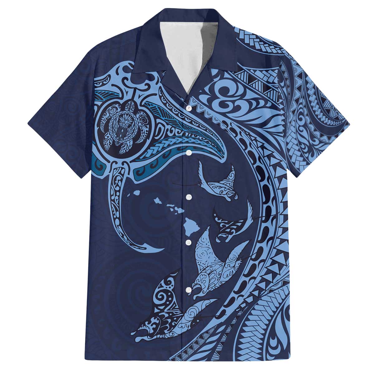 Hawaiian Manta Ray and Polynesian Tribal Tattoo Family Matching Puletasi and Hawaiian Shirt Dark Navy Color LT03 Dad's Shirt - Short Sleeve Dark Navy - Polynesian Pride