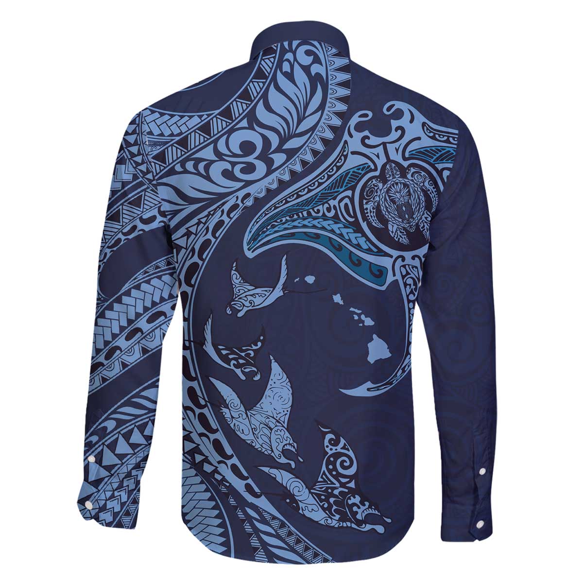 Hawaiian Manta Ray and Polynesian Tribal Tattoo Family Matching Puletasi and Hawaiian Shirt Dark Navy Color LT03 - Polynesian Pride