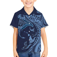 Hawaiian Manta Ray and Polynesian Tribal Tattoo Family Matching Puletasi and Hawaiian Shirt Dark Navy Color LT03 Son's Shirt Dark Navy - Polynesian Pride