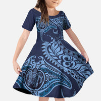 Hawaiian Manta Ray and Polynesian Tribal Tattoo Family Matching Short Sleeve Bodycon Dress and Hawaiian Shirt Dark Navy Color LT03 Daughter's Dress Dark Navy - Polynesian Pride