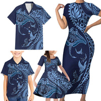 Hawaiian Manta Ray and Polynesian Tribal Tattoo Family Matching Short Sleeve Bodycon Dress and Hawaiian Shirt Dark Navy Color LT03 - Polynesian Pride
