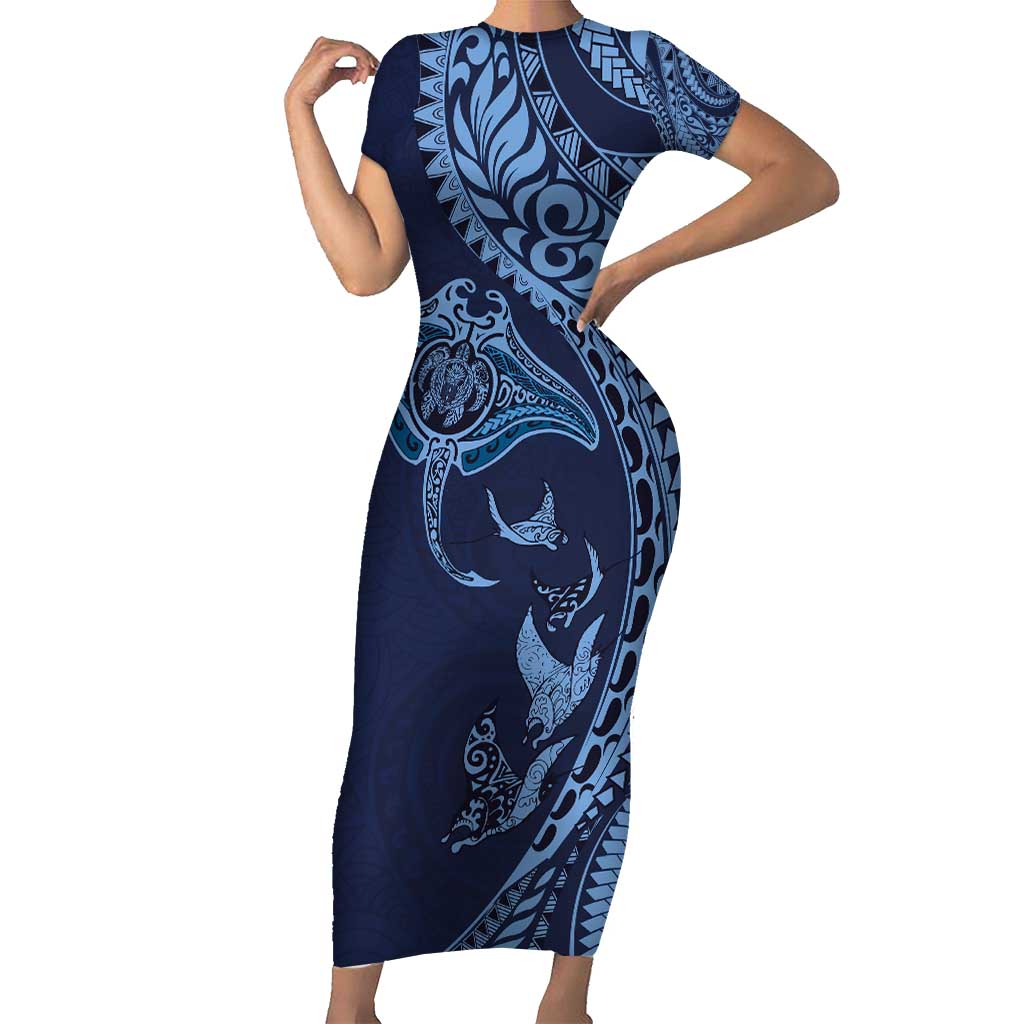 Hawaiian Manta Ray and Polynesian Tribal Tattoo Family Matching Short Sleeve Bodycon Dress and Hawaiian Shirt Dark Navy Color LT03 Mom's Dress Dark Navy - Polynesian Pride