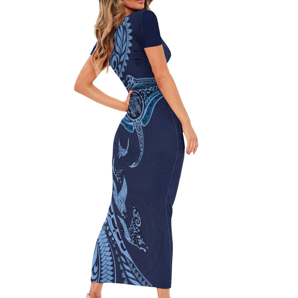 Hawaiian Manta Ray and Polynesian Tribal Tattoo Family Matching Short Sleeve Bodycon Dress and Hawaiian Shirt Dark Navy Color LT03 - Polynesian Pride