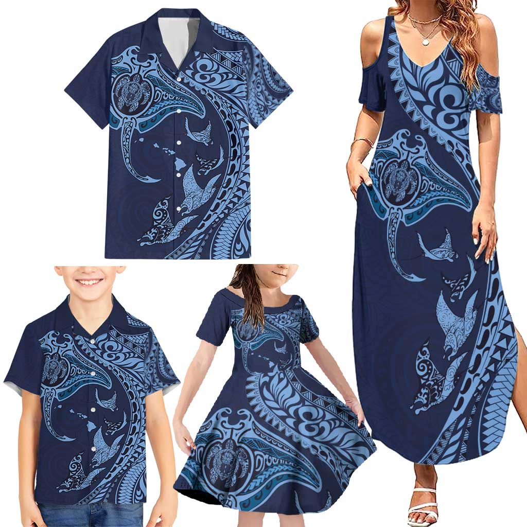 Hawaiian Manta Ray and Polynesian Tribal Tattoo Family Matching Summer Maxi Dress and Hawaiian Shirt Dark Navy Color LT03 - Polynesian Pride