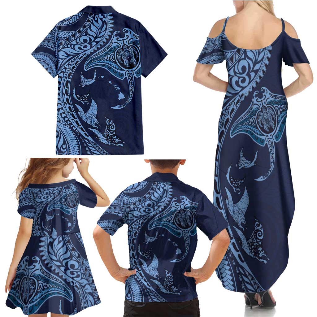 Hawaiian Manta Ray and Polynesian Tribal Tattoo Family Matching Summer Maxi Dress and Hawaiian Shirt Dark Navy Color LT03 - Polynesian Pride