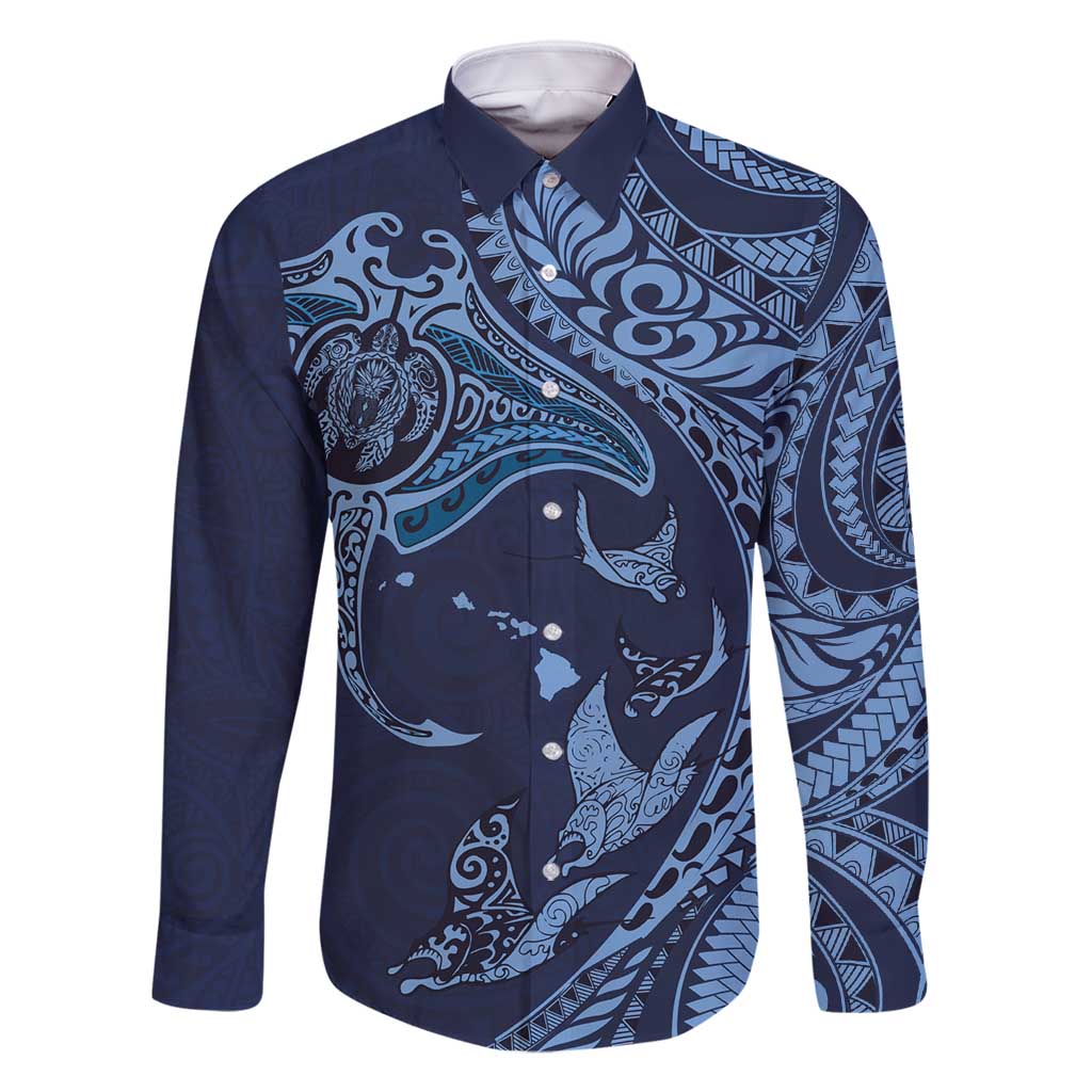Hawaiian Manta Ray and Polynesian Tribal Tattoo Family Matching Summer Maxi Dress and Hawaiian Shirt Dark Navy Color LT03 Dad's Shirt - Long Sleeve Dark Navy - Polynesian Pride