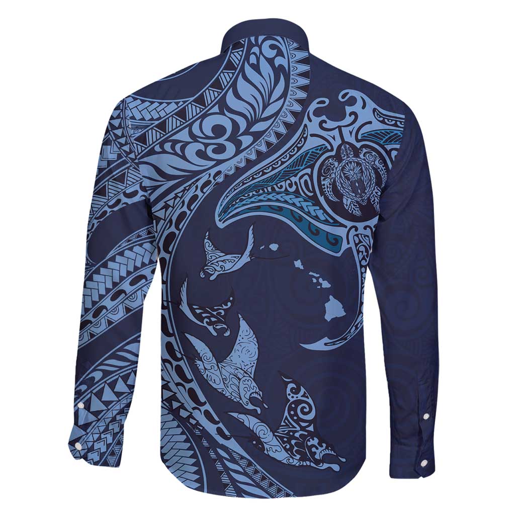 Hawaiian Manta Ray and Polynesian Tribal Tattoo Family Matching Summer Maxi Dress and Hawaiian Shirt Dark Navy Color LT03 - Polynesian Pride