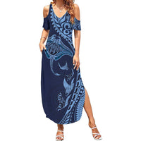 Hawaiian Manta Ray and Polynesian Tribal Tattoo Family Matching Summer Maxi Dress and Hawaiian Shirt Dark Navy Color LT03 Mom's Dress Dark Navy - Polynesian Pride