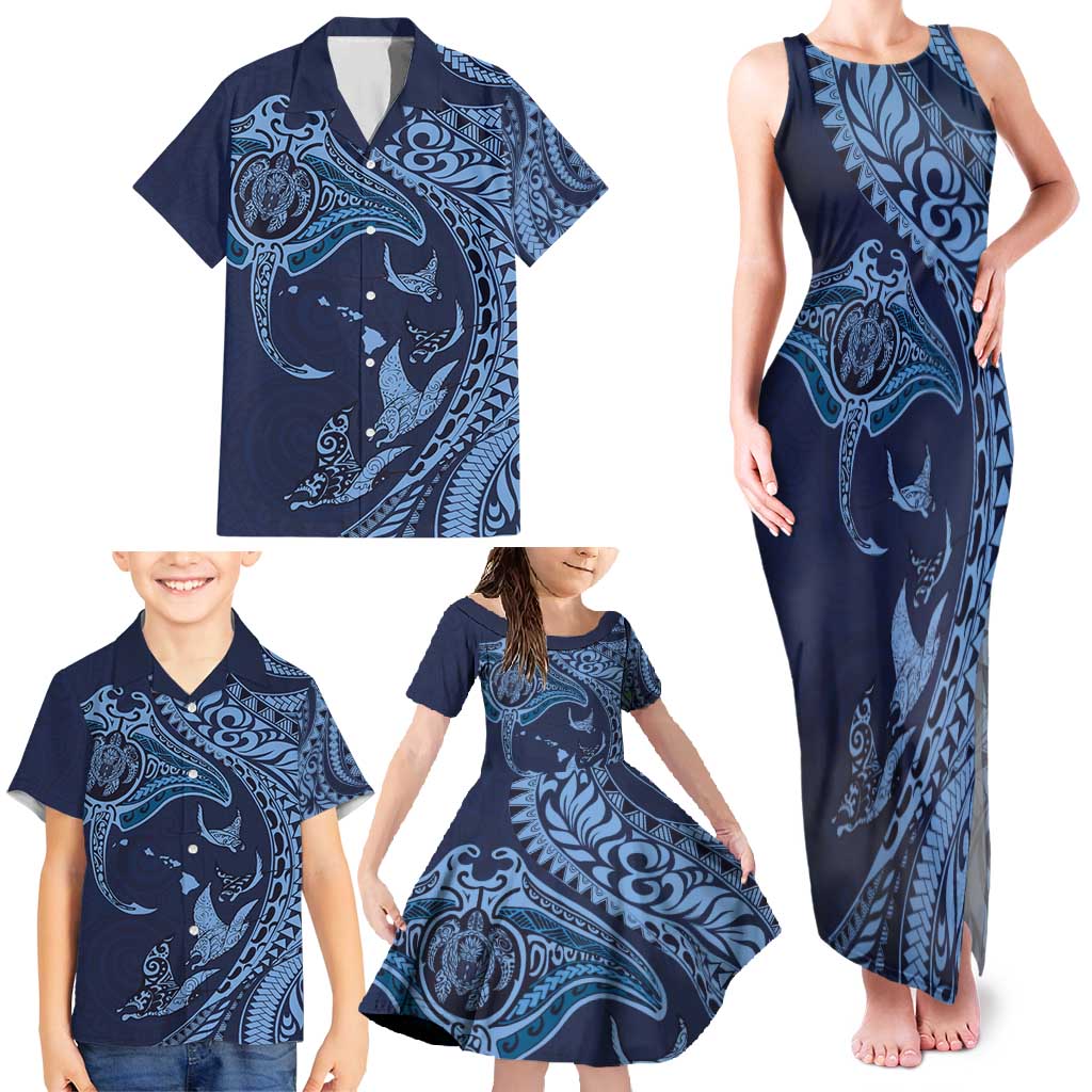 Hawaiian Manta Ray and Polynesian Tribal Tattoo Family Matching Tank Maxi Dress and Hawaiian Shirt Dark Navy Color LT03 - Polynesian Pride