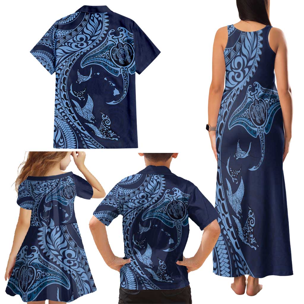 Hawaiian Manta Ray and Polynesian Tribal Tattoo Family Matching Tank Maxi Dress and Hawaiian Shirt Dark Navy Color LT03 - Polynesian Pride